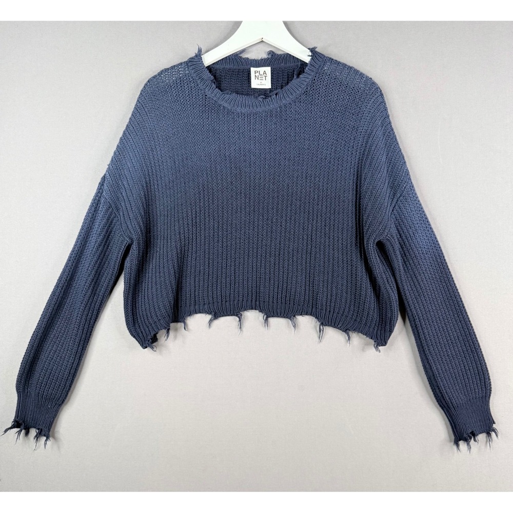 Planet by Lauren G Tattered Sweater Womens OS Blue Distressed Cotton Crop Knit
